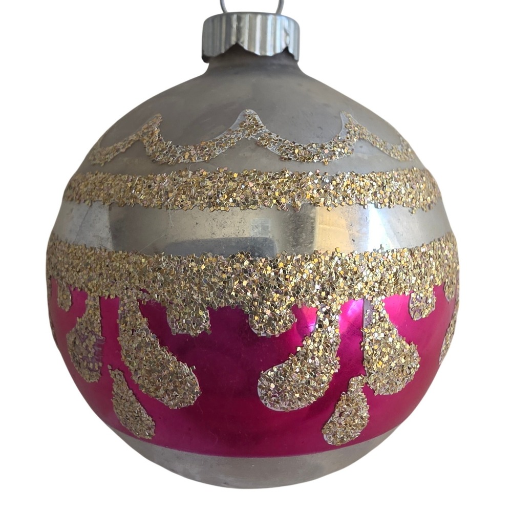 Shiny Brite Vintage Glass Christmas Ornament Pink Silver Gold Glitter USA Made